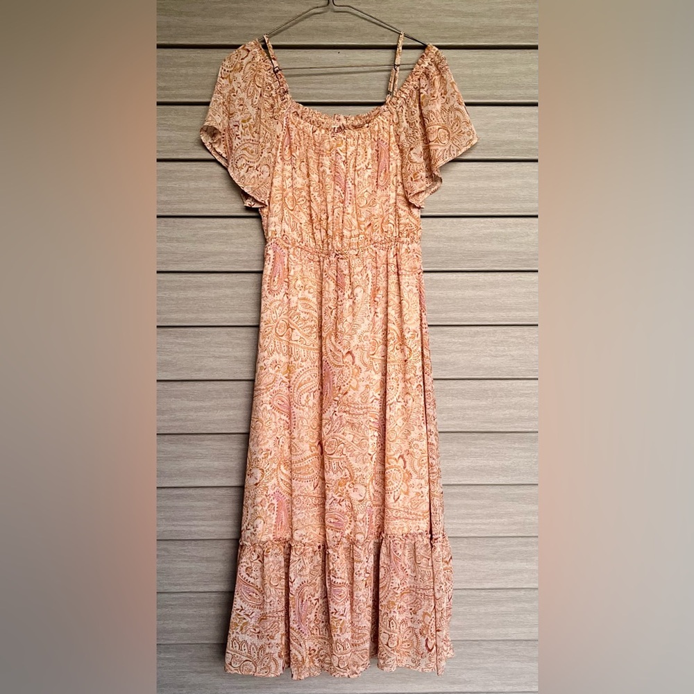 Rewind Paisley Midi Flowy Off Shoulder Dress Womens M Pink Tan Fairy Boho Girly